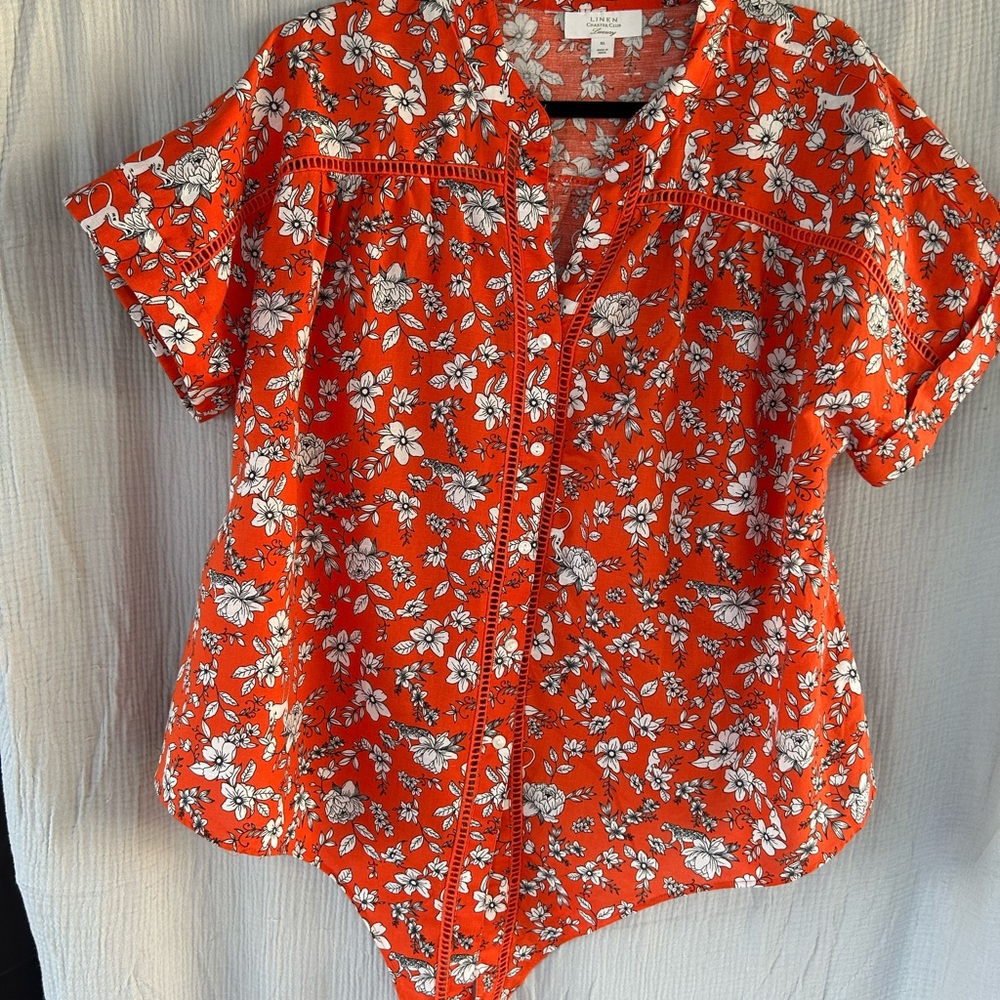 Charter Club Red Floral Monkey Button-Down Blouse